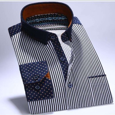 Men's 100% Cotton Contrast Collar and Cuff Stripes Long Sleeved Dress Shirt