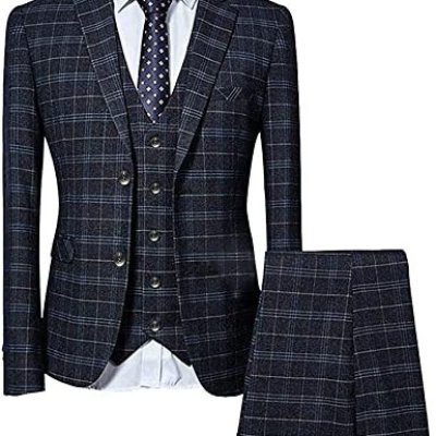  View larger image  Share Men's clothes 3 Piece Slim fit Checked Suit Blue/Black Single Breasted Vintage men's Suits