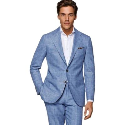 MEN LINEN SUIT Blue 2 Pieces Mens Suits Beach Summer Slim Fit Party Wear Elegant Wedding Groomsmen Dinner Prom Suits